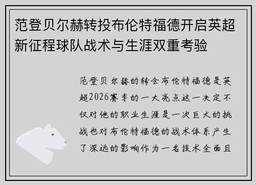 范登贝尔赫转投布伦特福德开启英超新征程球队战术与生涯双重考验