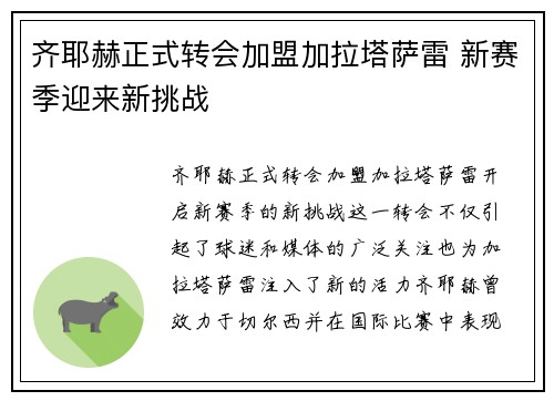 齐耶赫正式转会加盟加拉塔萨雷 新赛季迎来新挑战