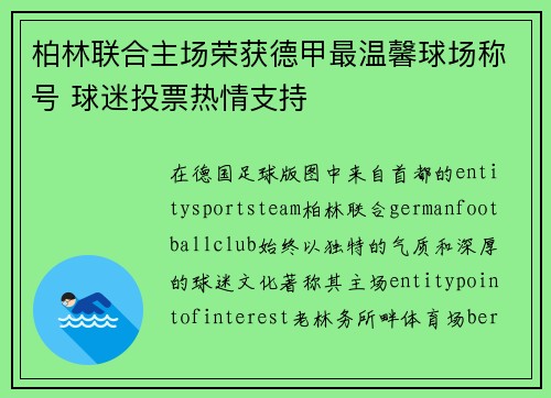 柏林联合主场荣获德甲最温馨球场称号 球迷投票热情支持